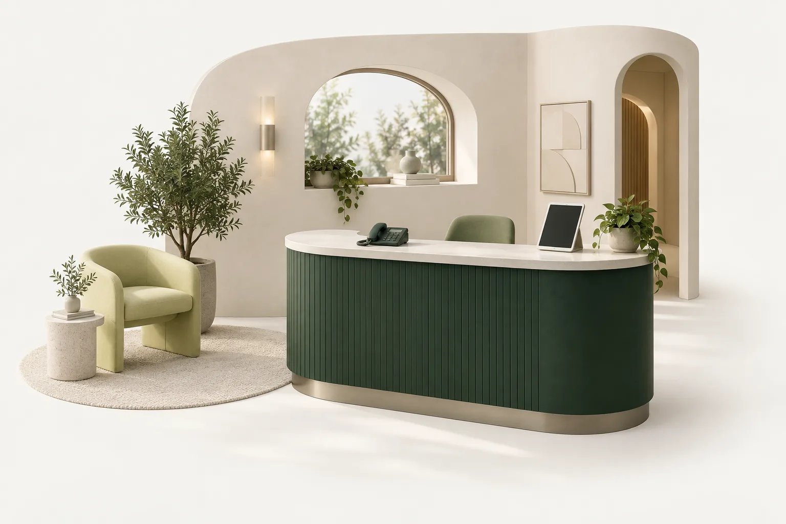 A miniature reception desk with a telephone, waiting chair, and plant.