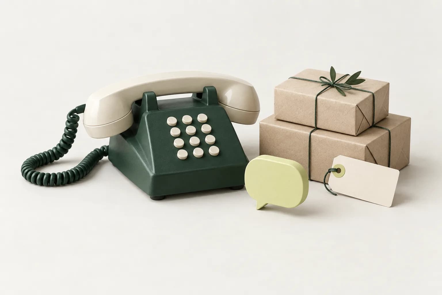 A desk telephone beside parcels and a return tag, representing customer support.